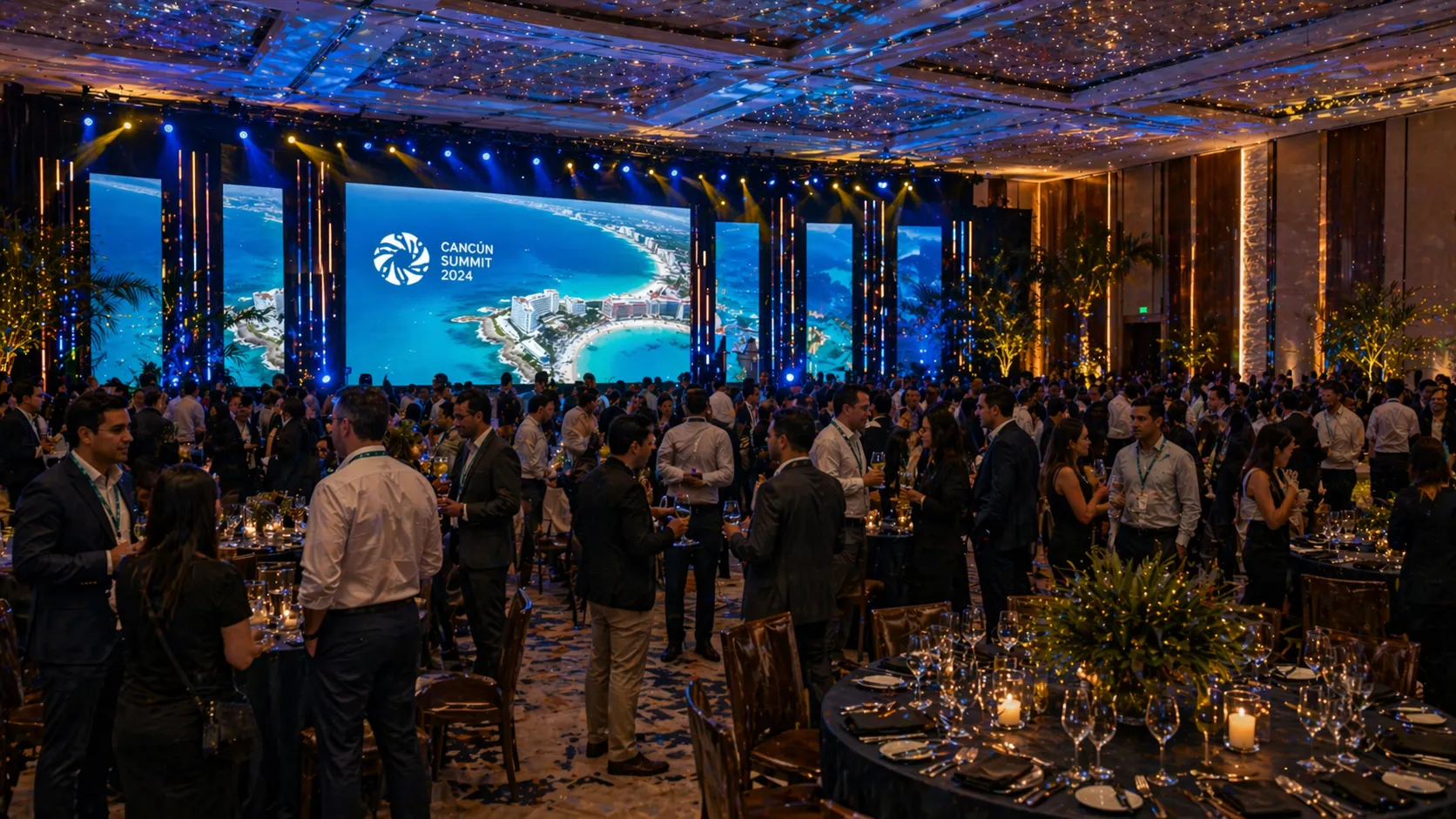 Asistentes ejecutivos llegando a un venue corporativo premium con staff coordinando acceso