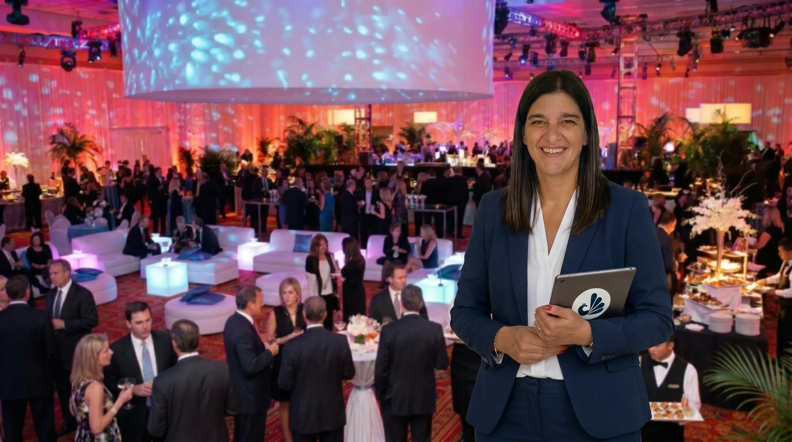 Equipo en entorno corporativo premium durante coordinación de evento